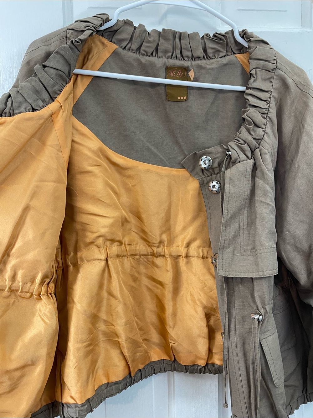 Ali Ro Taupe Brown Ruffle Neck Utility Jacket - Silk Blend - Layering - Size 2 - Picture 4 of 9